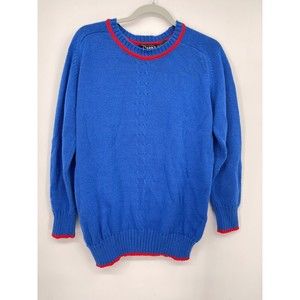 Eileen 42 Pullover Sweater Women‎ Blue Good Vintage Red Trim Crew Neck Acrylic